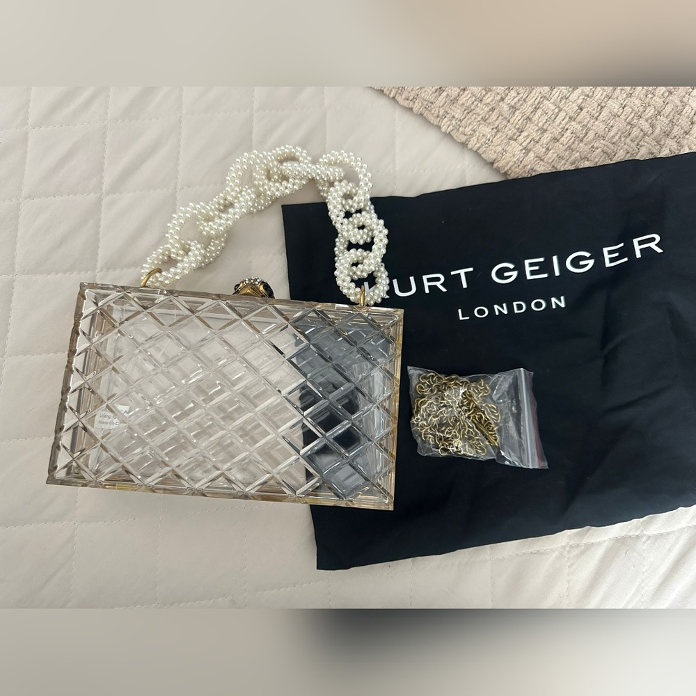 Kurt Geiger Clutch Bag Gold Clear Quilted Acrylic Pearl Handle